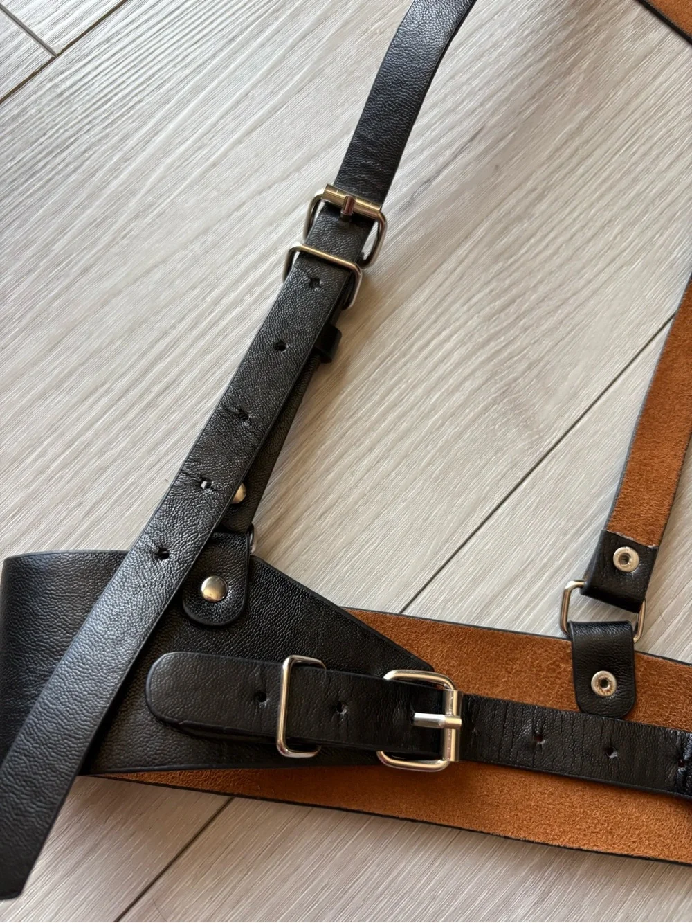 Adjustable Leather Harness Belt - Black/Tan